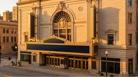 Grand stone exterior of the Benedum Center with an ornate arched entrance.